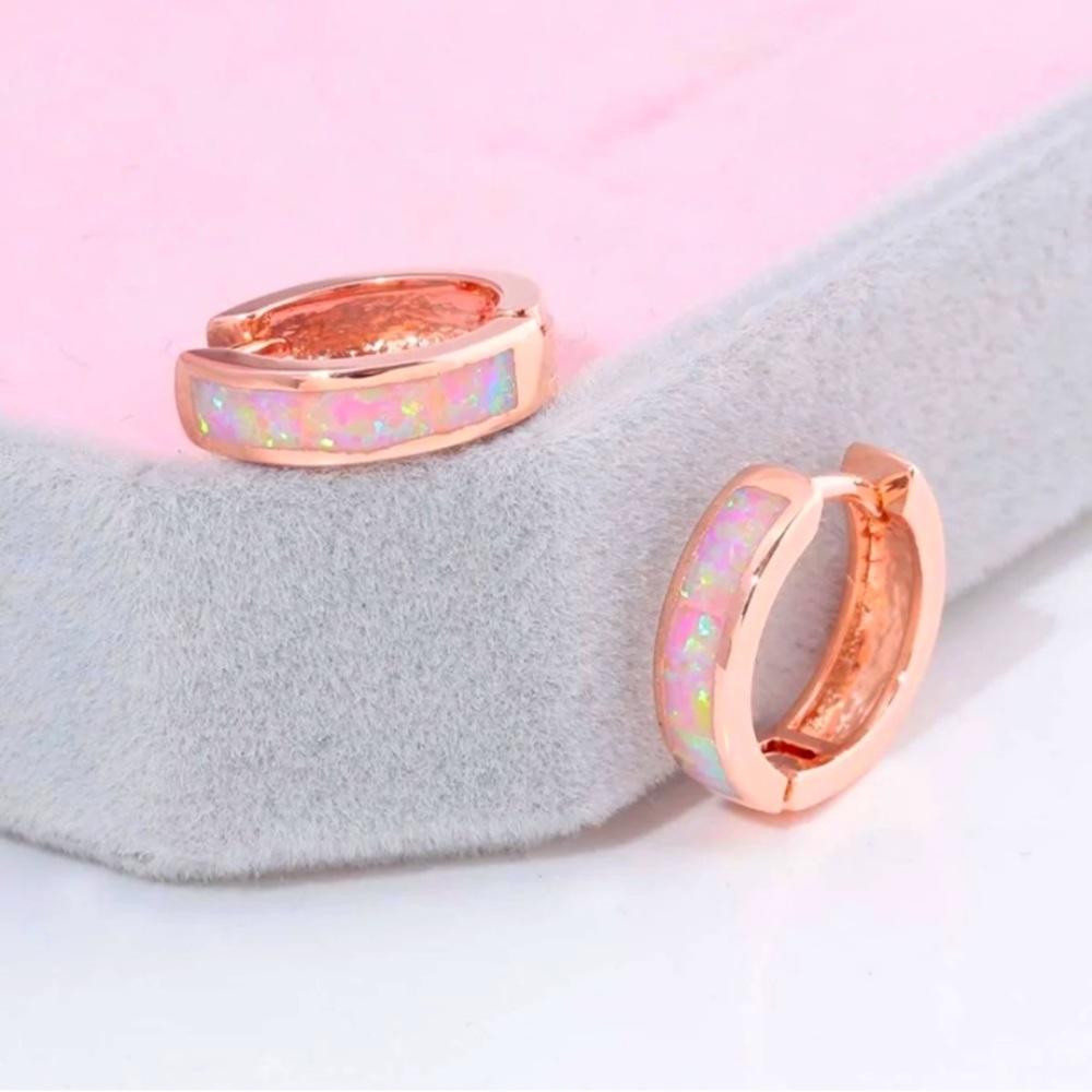 14K Rose Gold Opal Huggie Hoop Earrings